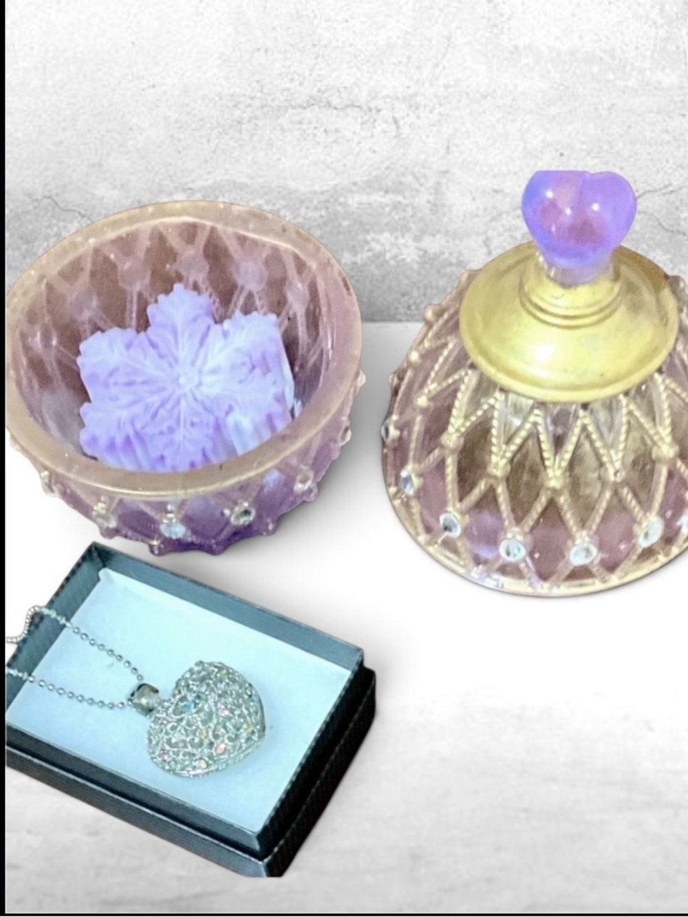 Faux Stained GlassSwarovski Trinket Box, Soy Snowflake Candle, Heart Necklace
